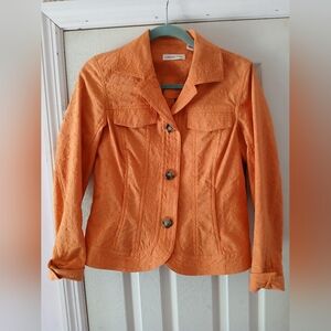 Coldwater Creek Jacket Womens 6 Petite Orange Boho Floral Jacquard Embroidered
